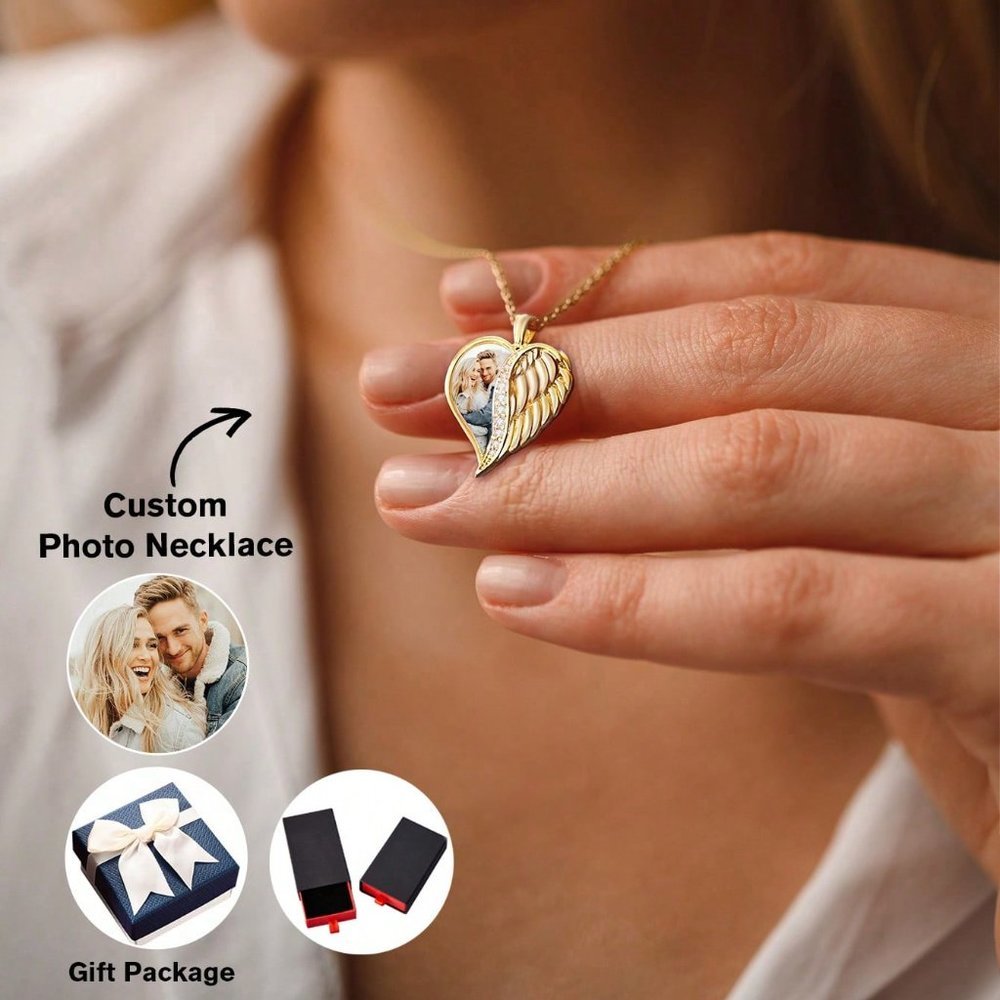 Pendant Necklace,Customized Photo Text Engraved Necklace With Heart Shaped Wing